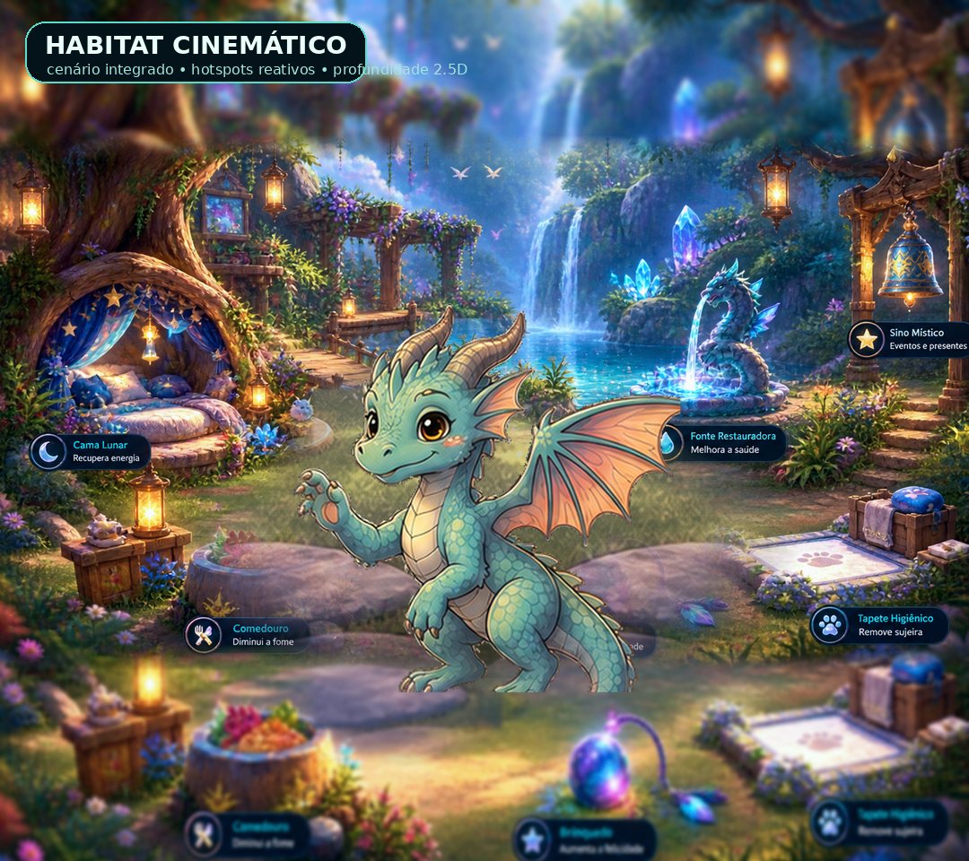 Habitat cinematográfico do Pingo com cama, fonte, brinquedo e sino
