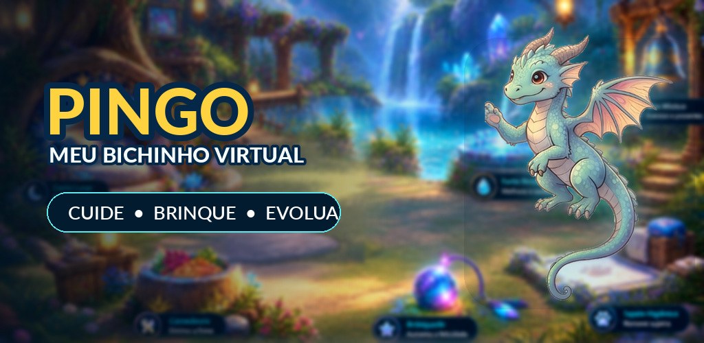 Pingo, um dragão virtual, diante de seu habitat mágico